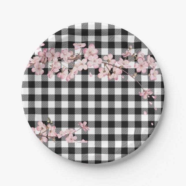 Modern Black White Buffalo Checks Cherry Blossom Paper Plate (Front)