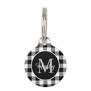 Modern Black White Buffalo Plaid Monogrammed Name  Pet Tag