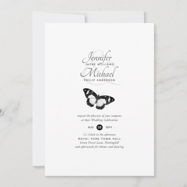 Modern Black White Butterfly Wedding Invitation (Front)