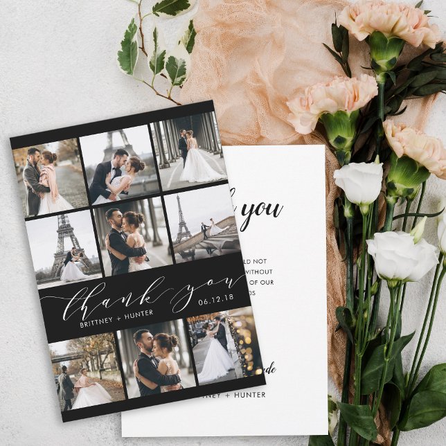 Modern Black & White Calligraphy 9 Photo Collage Thank You Card (Creator Uploaded)