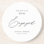 Modern Black & White Calligraphy Engagement Party  Coaster<br><div class="desc">Introducing our Modern Black & White Calligraphy Engagement Party Sandstone Drink Coaster! Celebrate your engagement party with these elegant and personalised coasters that feature the words "We're Engaged" in beautiful calligraphy. The coaster is designed to be simple yet stylish with a modern touch, making it perfect for any modern wedding...</div>