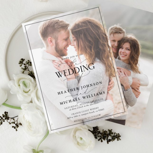 Modern Black White Calligraphy Faux Vellum 2 Photo Invitation (Creator Uploaded)