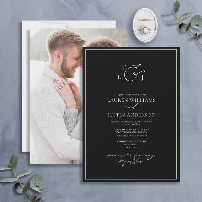 Modern Black White Calligraphy Monogram Photo Invi Invitation (Creator Uploaded)