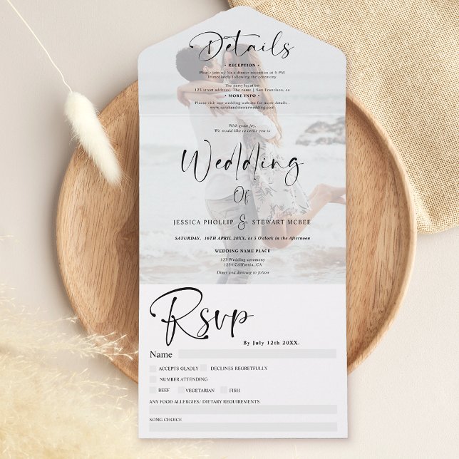 Modern black white calligraphy photo wedding all in one invitation (Creator Uploaded)