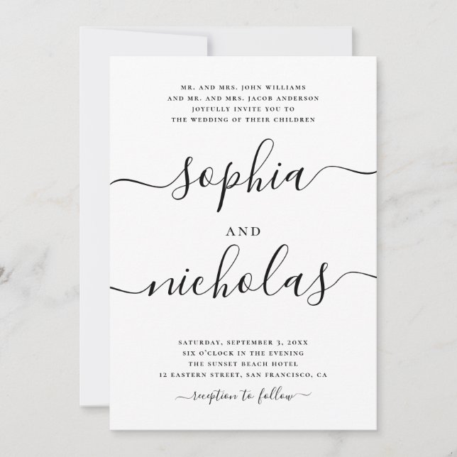 Modern Black & White Calligraphy Wedding - Elegant Invitation (Front)