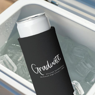 Modern Black & White Casual Script Graduation Seltzer Can Cooler