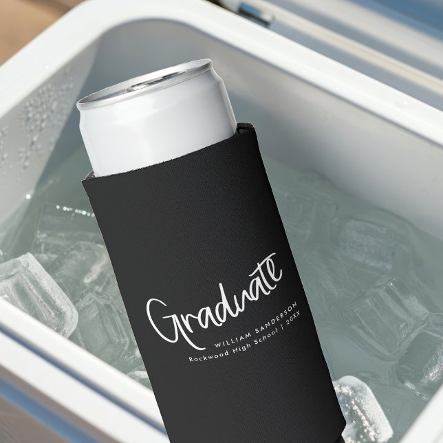 Modern Black & White Casual Script Graduation Seltzer Can Cooler (Creator Uploaded)