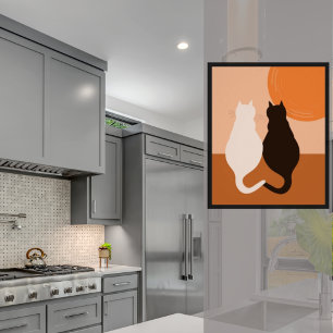 Modern Black & White Cat Pair, Orange Kitchen  Poster