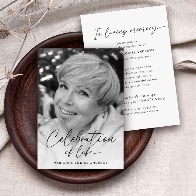 Modern Black White Celebration of Life Memorial Invitation (Creator Uploaded)