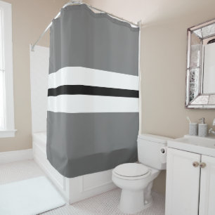 Modern Black White Centre Racing Stripes On Grey Shower Curtain