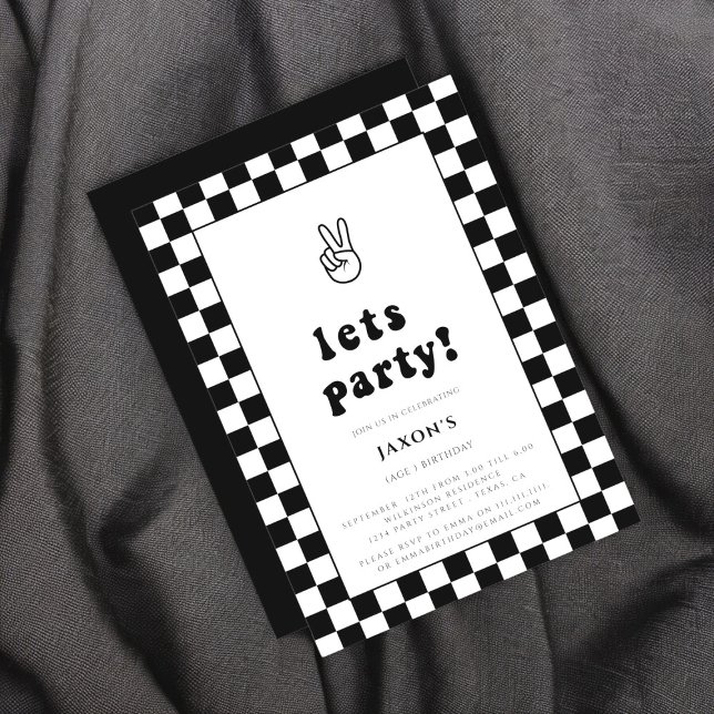 Modern black & white checkerd lets party birthday invitation (Creator Uploaded)