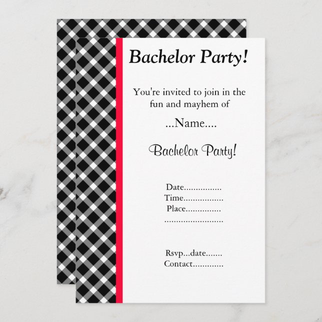 MODERN BLACK WHITE CHECKERED BACHELOR PARTY INVITATION (Front/Back)