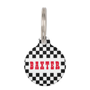 Modern Black White Checkered Dog Puppy Cat Name Pet Tag