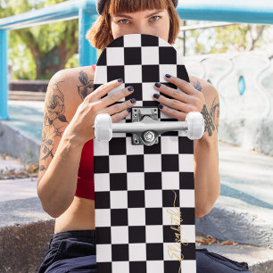Modern Black White Chequered Gold Monogram Signed Skateboard