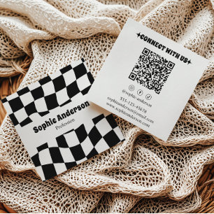 Modern Black & White Chequered QR Code Square Business Card