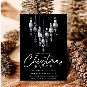 Modern Black & White Christmas Ornaments Party Invitation