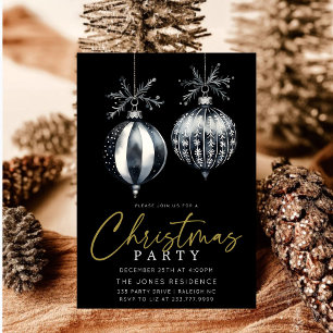 Modern Black & White Christmas Ornaments Party Invitation