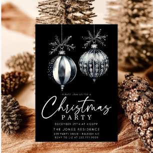 Modern Black & White Christmas Ornaments Party Invitation