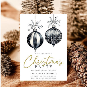 Modern Black & White Christmas Ornaments Party Invitation
