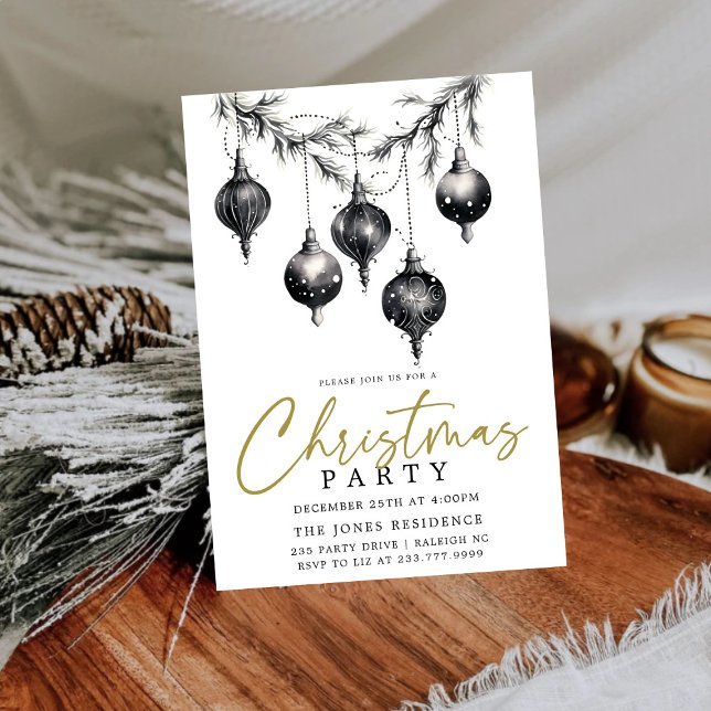 Modern Black & White Christmas Ornaments Party Invitation (Creator Uploaded)