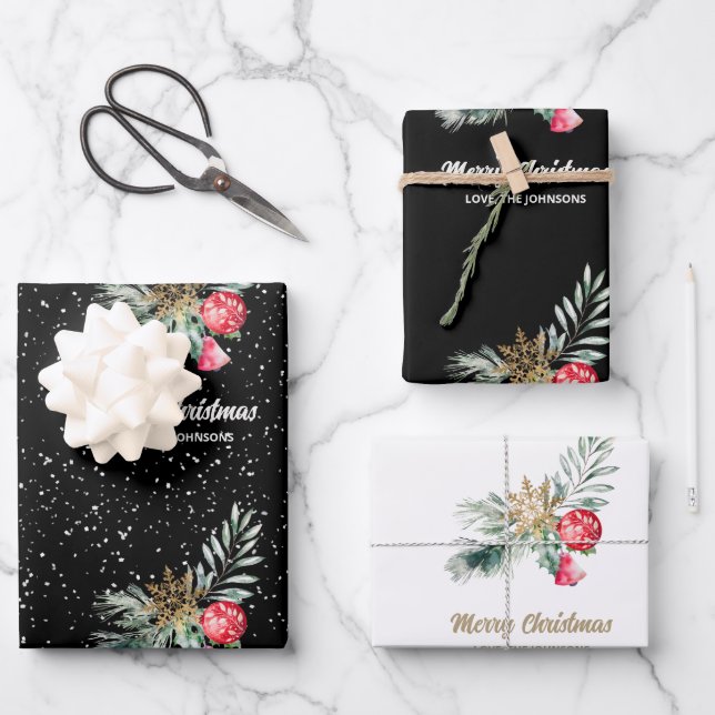 Modern Black & White Christmas Script Set Wrapping Paper Sheet (Front)