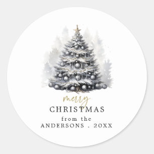 Modern Black & White Christmas Tree Party Classic Round Sticker