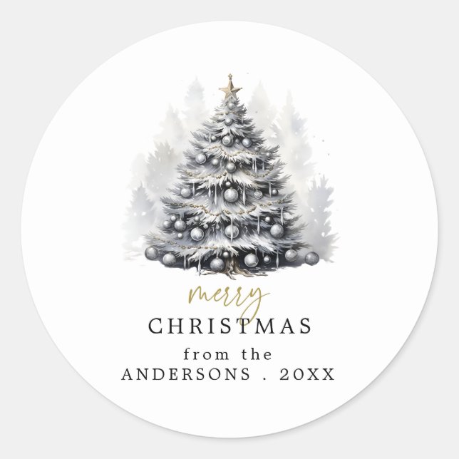 Modern Black & White Christmas Tree Party Classic Round Sticker (Front)