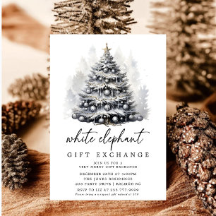 Modern Black White Christmas Tree White Elephant Invitation