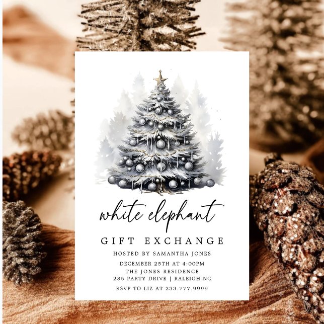 Modern Black  White Christmas Tree White Elephant Invitation (Creator Uploaded)