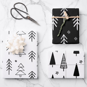 Modern Black & White Christmas Trees Stars  Wrapping Paper Sheet