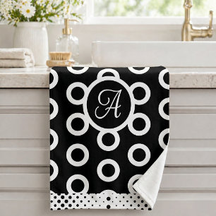 Modern Black White Circle Ring Pattern Monogram Bath Towel Set