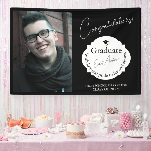 Modern Black White Class of 20XX Photo Graduation  Banner (Party)
