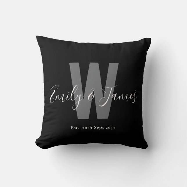 Modern Black White Couple Date Monogram Cushion (Front)