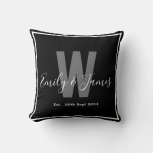 Modern Black White Couple Monogram Border Date Cushion