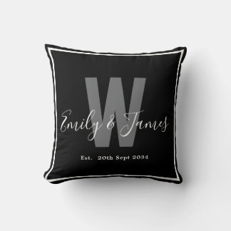 Modern Black White Couple Monogram Border Date Cushion