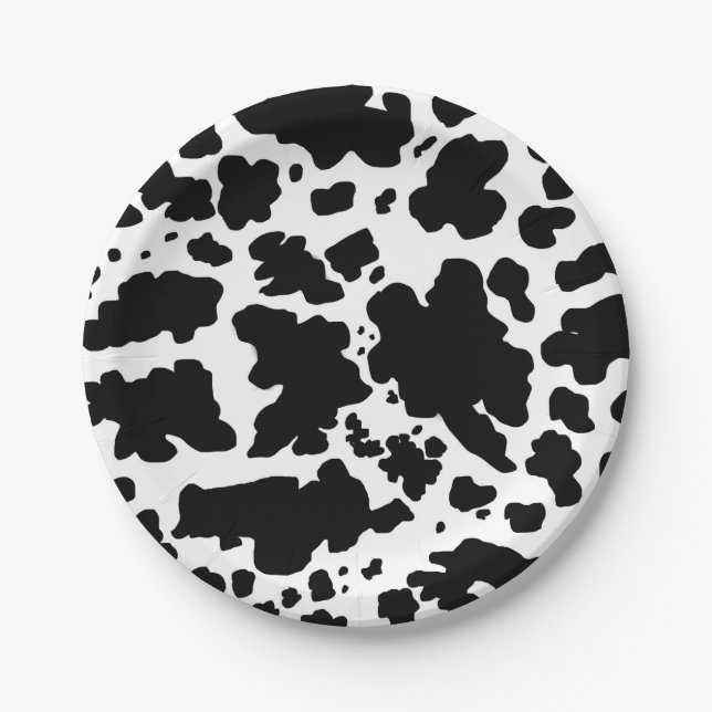 Modern Black White Cow Skin Texture Animal Print  Paper Plate (Front)