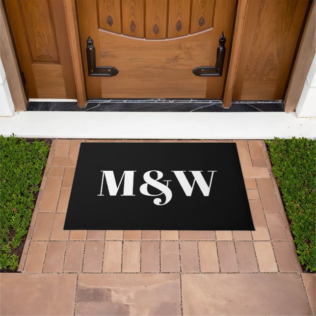 Modern black white custom couple monogram initials doormat (Outdoor)