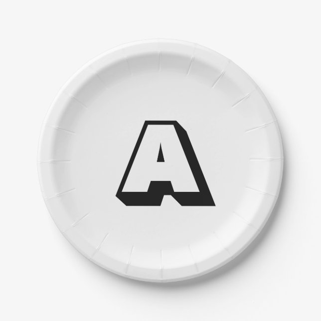 Modern Black white custom monogram initial letter Paper Plate (Front)
