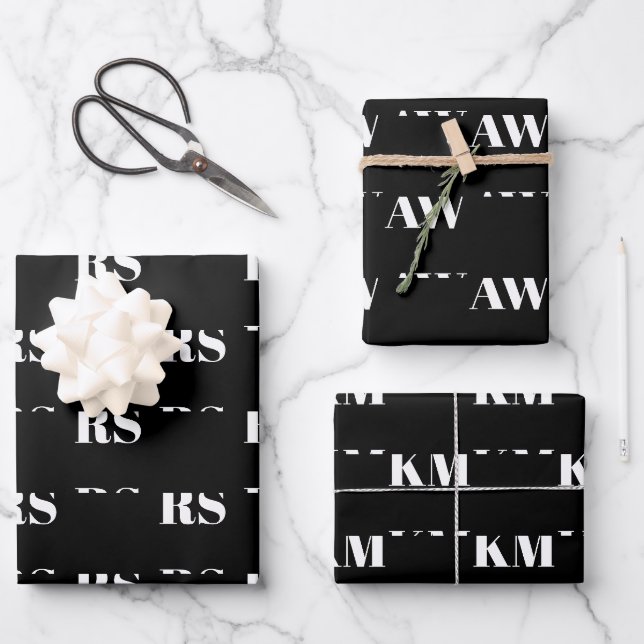 Modern black white custom monogram initial pattern wrapping paper sheet (Front)