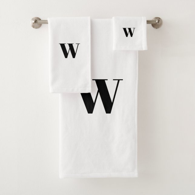 Modern black & white custom monogram minimalist bath towel set (Insitu)