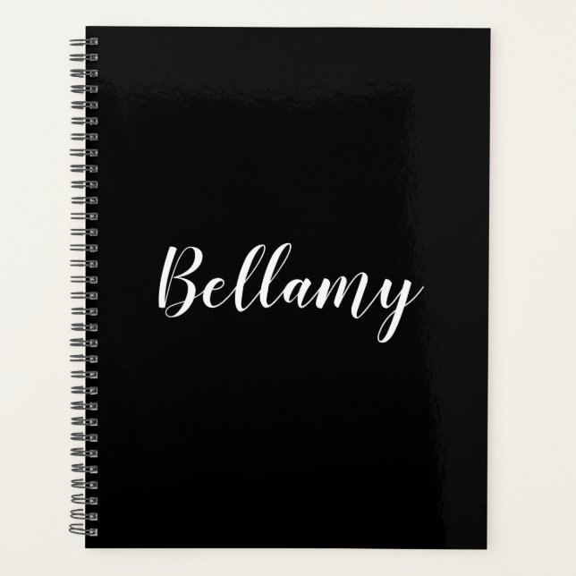 Modern black white custom script calligraphy name planner (Front)