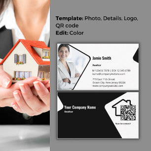 Modern Black & White Customisable Realtor QR Code Business Card