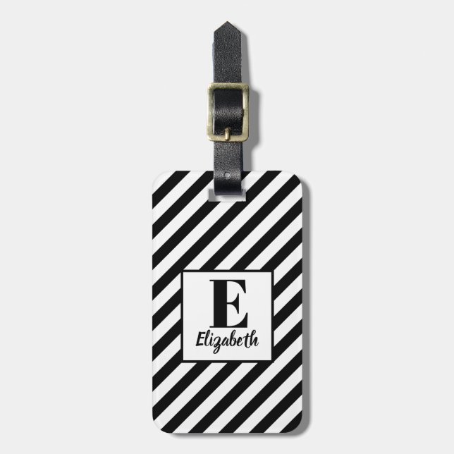 Modern Black & White Diagonal Stripes & Name Luggage Tag (Front Vertical)