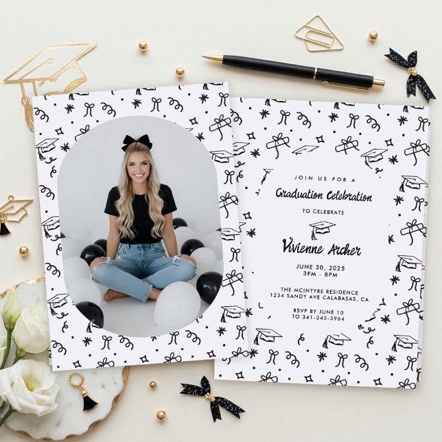 Modern Black & White Doodle Graduation Photo Invitation (Black and White Doodle Graduation Party Invitation)