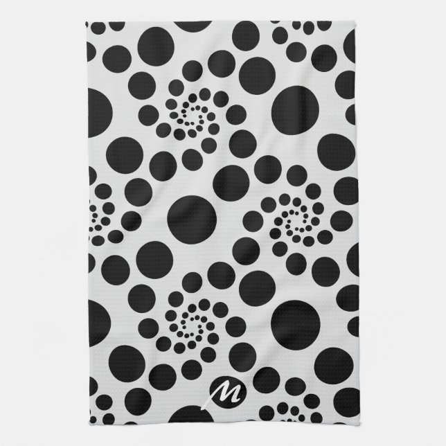 Modern Black & White Dot Swirls Monogram Tea Towel (Vertical)