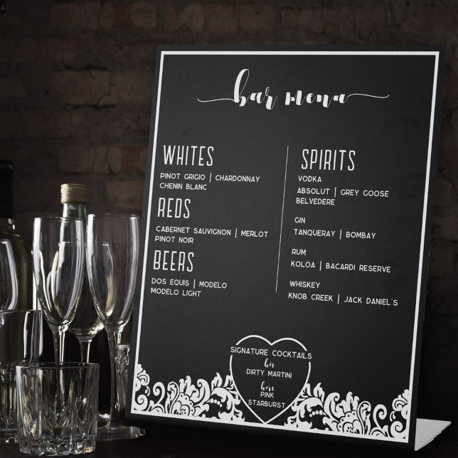 Modern Black & White Elegant Bar Menu For Wedding Pedestal Sign (modern black and white elegant floral damask table top bar menu for wedding)