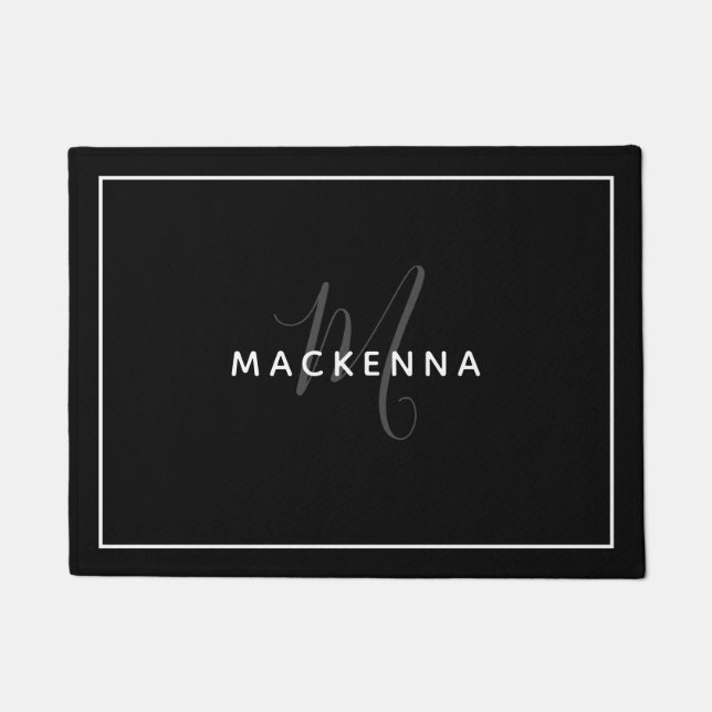 Modern Black White Elegant Custom Monogram Name Doormat (Front)