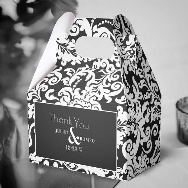 Modern Black White Elegant Floral Damask Wedding Favour Box (elegant black and white wedding favor gift box)