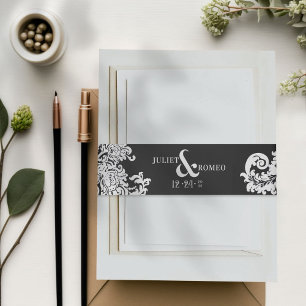 Modern Black & White Elegant Floral Damask Wedding Invitation Belly Band