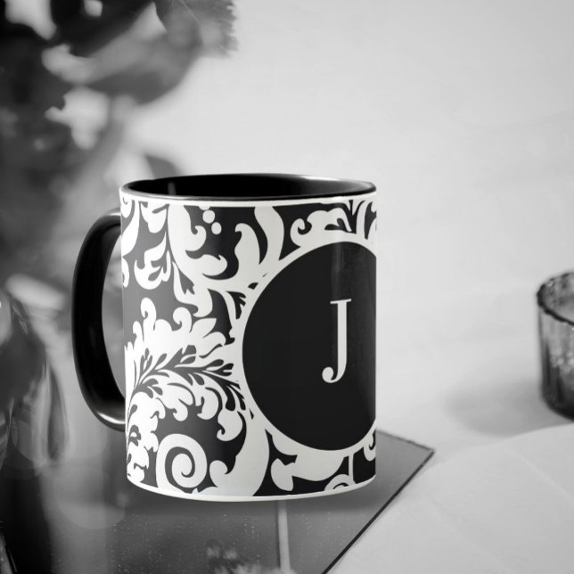 Modern Black & White Elegant Floral Damask Wedding Mug (modern black and white elegant floral damask monogram mug for wedding, bride's maids gift favors)